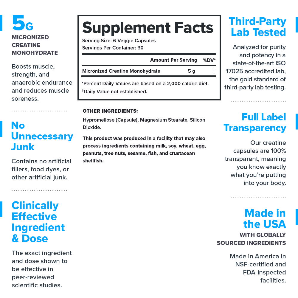 Creatine Capsules Micronized Creatine Monohydrate Supplement - 30 Servings