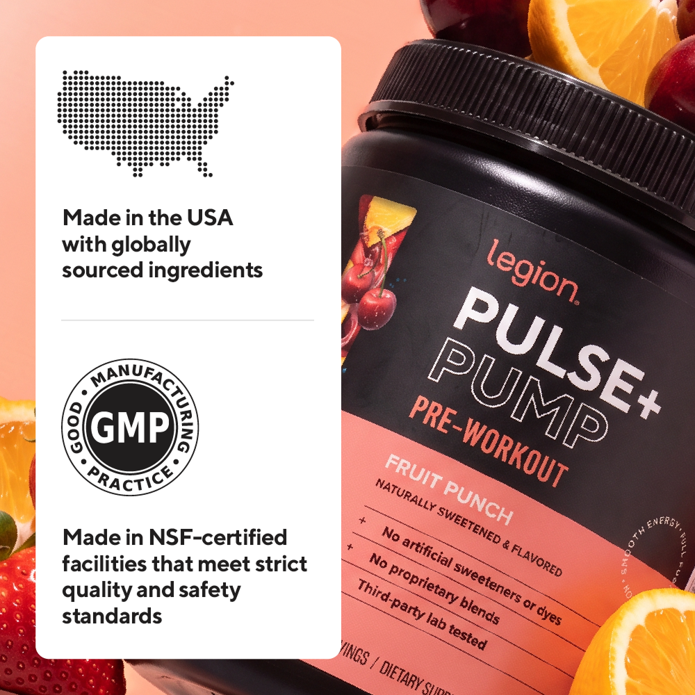Legion Pulse+ Pump Pre-Workout, 350mg Caffeine, Citrulline, Nitrates & Beta-Alanine, Fruit Punch, 20 Servings